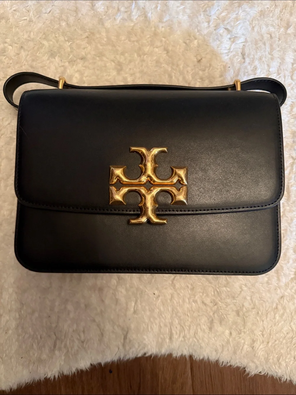 Tory Burch Eleanor Black Leather Crossbody with Gold Logo Medallion